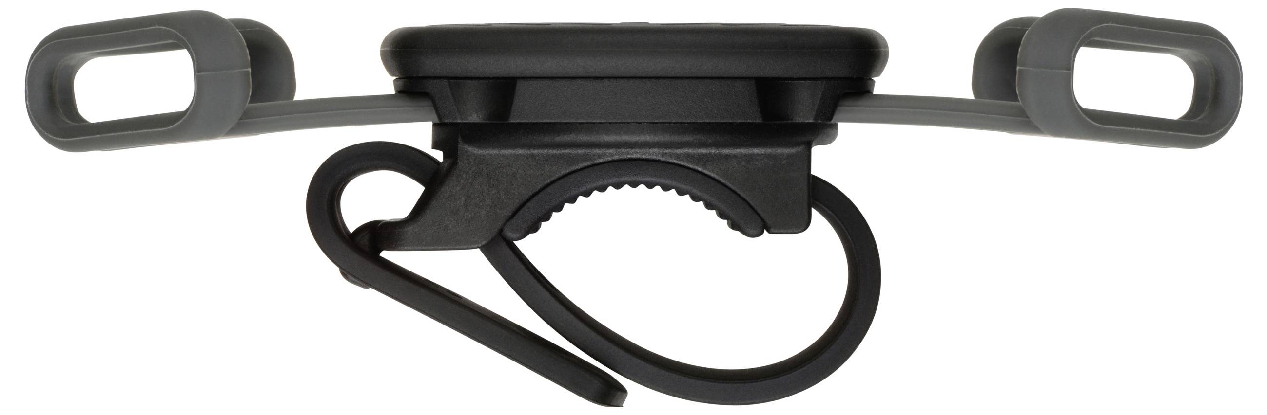 Ein schwarzer und grauer Fahrradhalter mit einem sicheren Verschlussmechanismus und verstellbaren Riemen, der verwendet wird, um Geräte an Lenkstangen zu befestigen und leicht zugänglich zu machen.