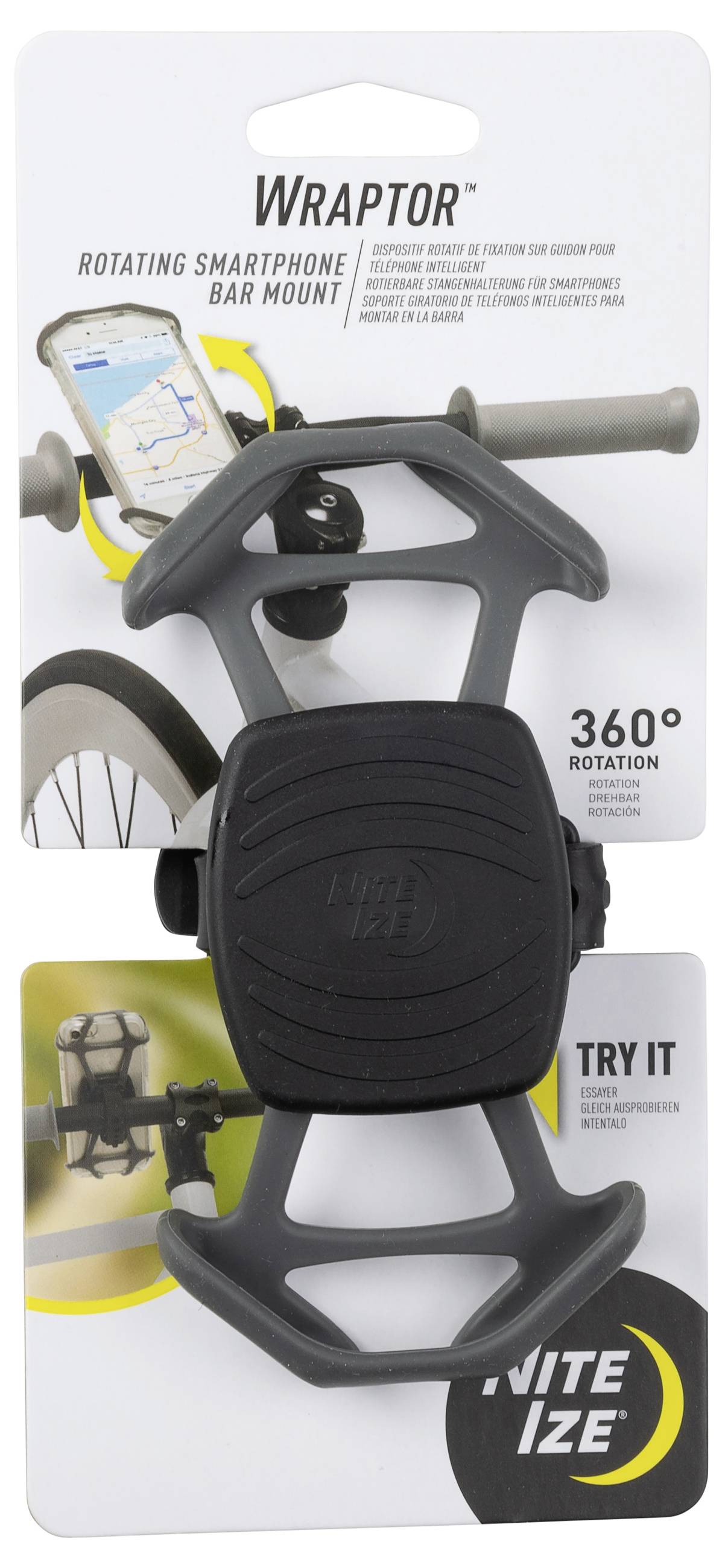 Nite Ize Wraptor Smartphone-Halterung auf Verpackung dargestellt, die den Halter an einem Fahrradlenker befestigt zeigt, mit Diagrammen, die das Feature der '360°-Drehung' veranschaulichen.