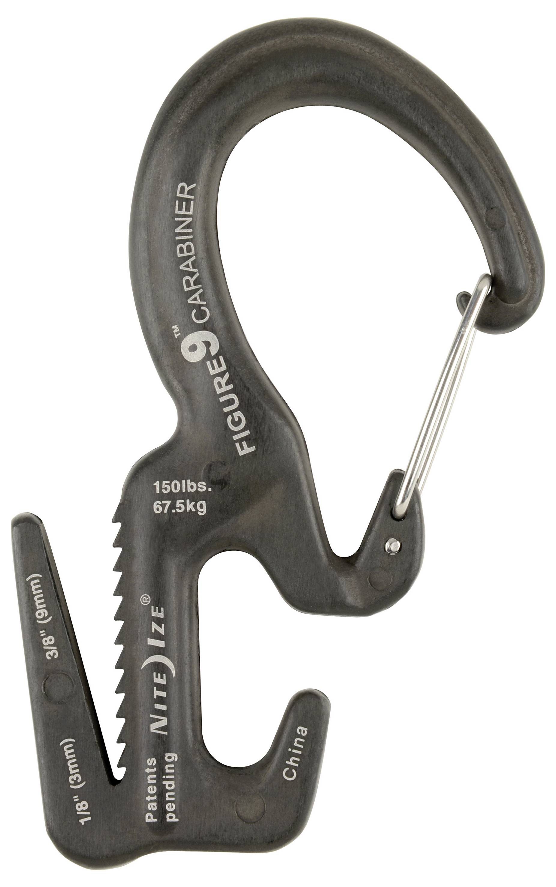 Metallischer Karabinerhaken mit gezahnter Griffoberfläche, beschriftet mit "Figure 9". Zeigt Gewichtslimit von 150 lbs (67,5 kg).
