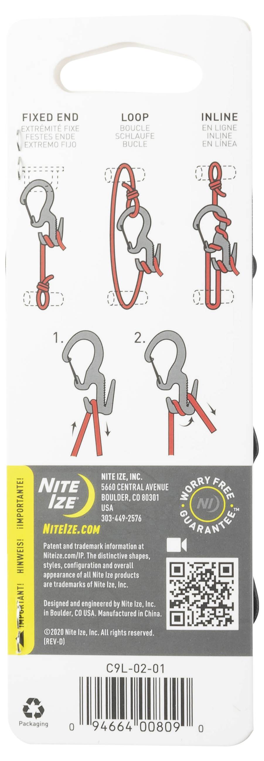 Anleitung zur Verwendung einer Klemme zur Sicherung eines Seils: Befestigen Sie ein Ende, bilden Sie eine Schlaufe und klemmen Sie für die Inline-Nutzung. Enthält Website- und Kontaktinformationen.