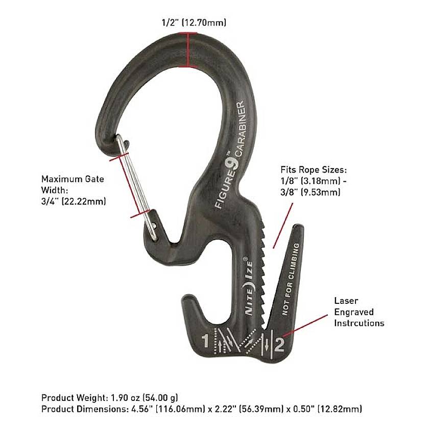 Karabinerhaken mit Maßen und Details: Öffnung 12,7 mm, Seilgröße 3,18-9,53 mm, Gravur 'NOT FOR CLIMBING'. Produktgewicht und -größe unten.