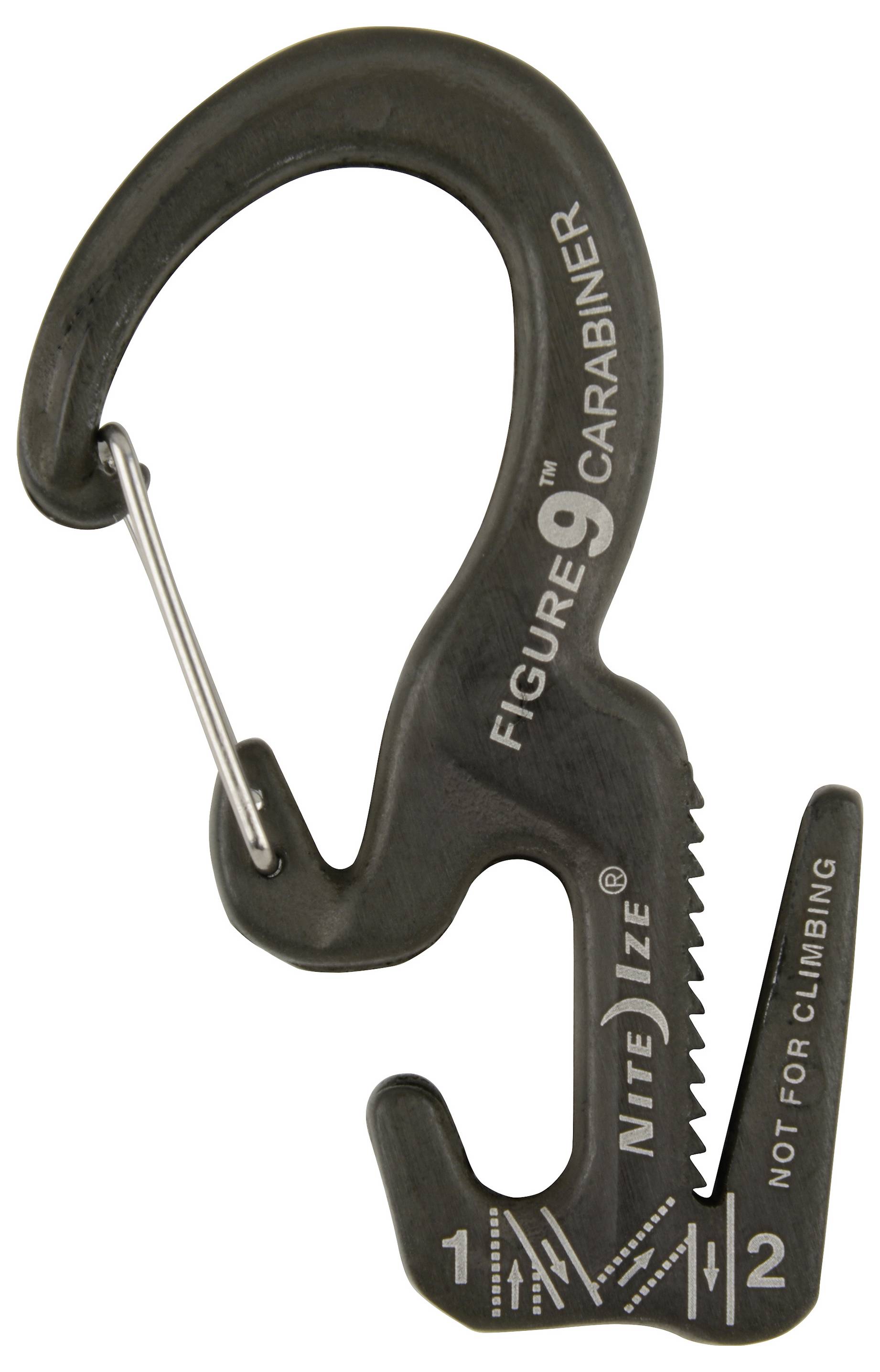 Ein schwarzer Metallkarabiner mit der Aufschrift 'Figure 9 Carabiner Nite Ize', mit einem einzigartigen Design zur Seilspannung, gekennzeichnet mit 'Nicht zum Klettern geeignet'.
