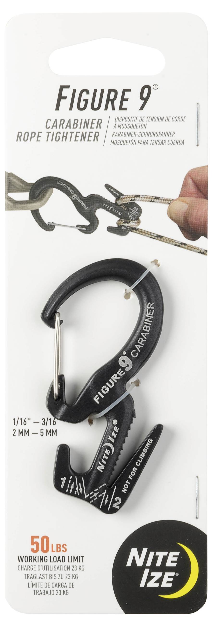 Verpackung eines "Nite Ize Figure 9 Karabiner-Seilspanners" mit einem schwarzen Karabiner, Gebrauchsanweisung und einer Belastungsgrenze von 50 lbs.