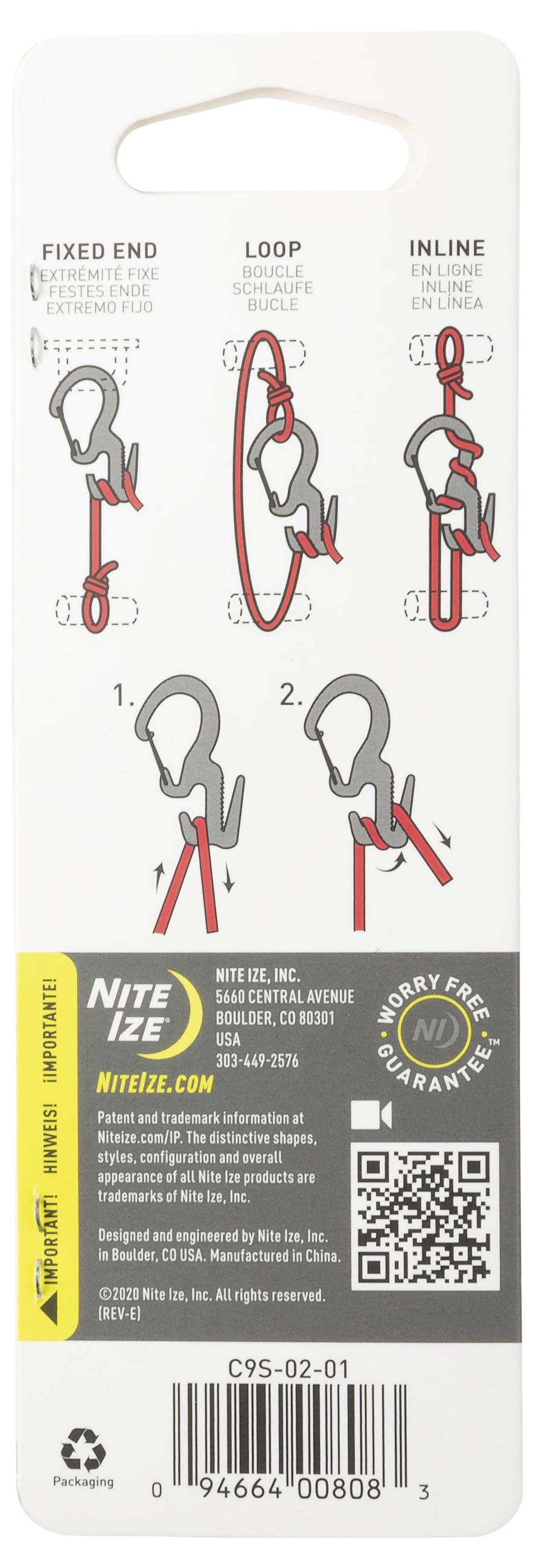 Anweisungen für drei Karabiner-Verwendungen: Festpunkt, Schlaufe und Inline. Enthält Markeninformationen und einen QR-Code für weitere Details.