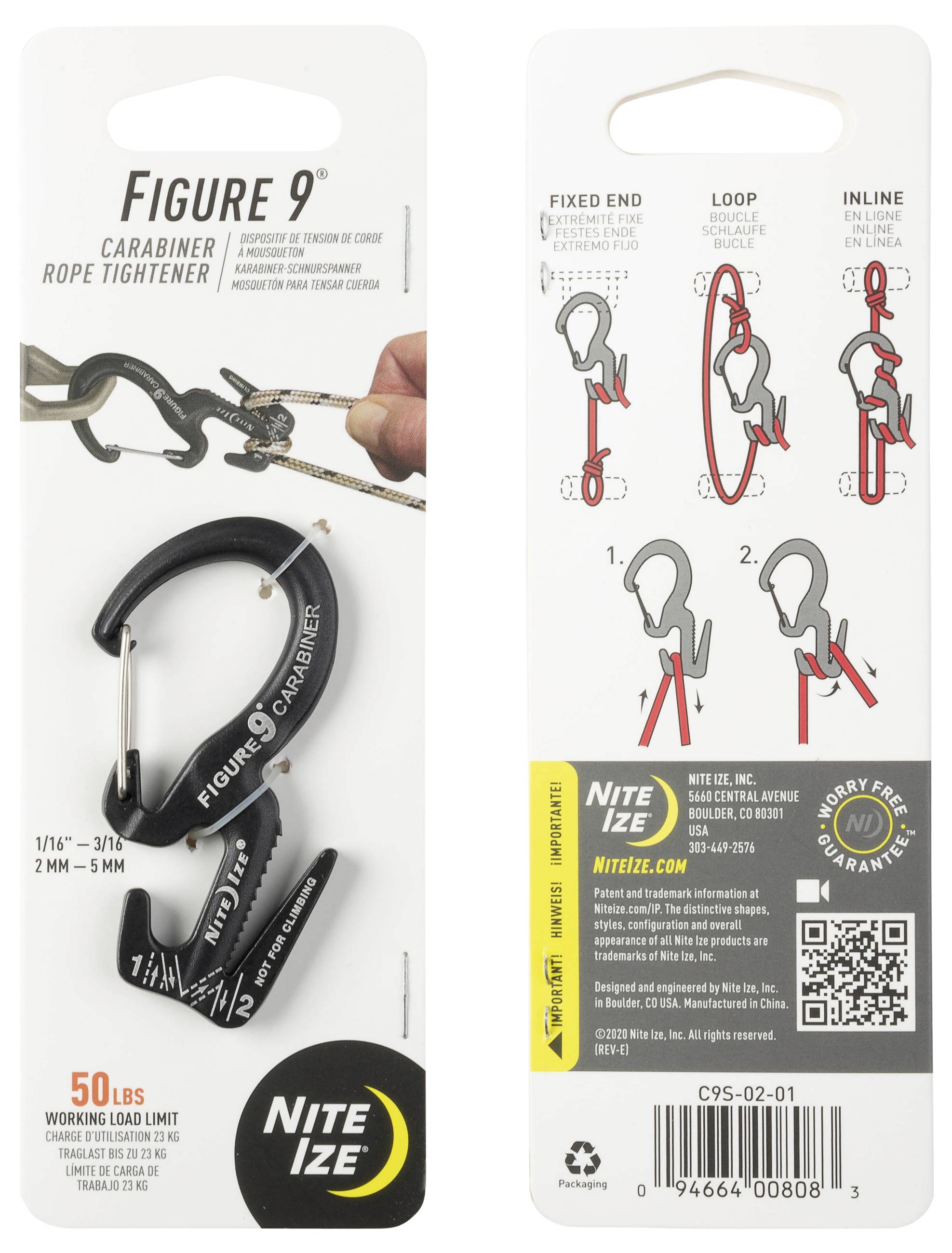 Front: "Abbildung 9 Karabiner-Seilspanner", zeigt Illustration zur Karabinerverwendung. Rückseite: Anleitung für Festpunkt- und Schleifensystem, Belastungsgrenze von '50 lbs'