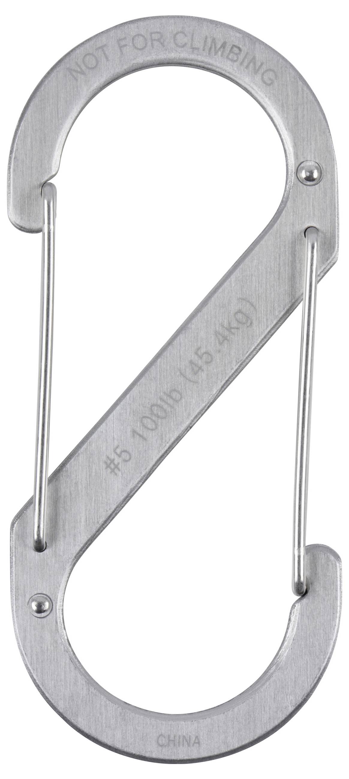 Ein Karabiner aus Edelstahl mit der Aufschrift „Nicht zum Klettern geeignet", mit einer Belastungsgrenze von 100 lb (45 kg).