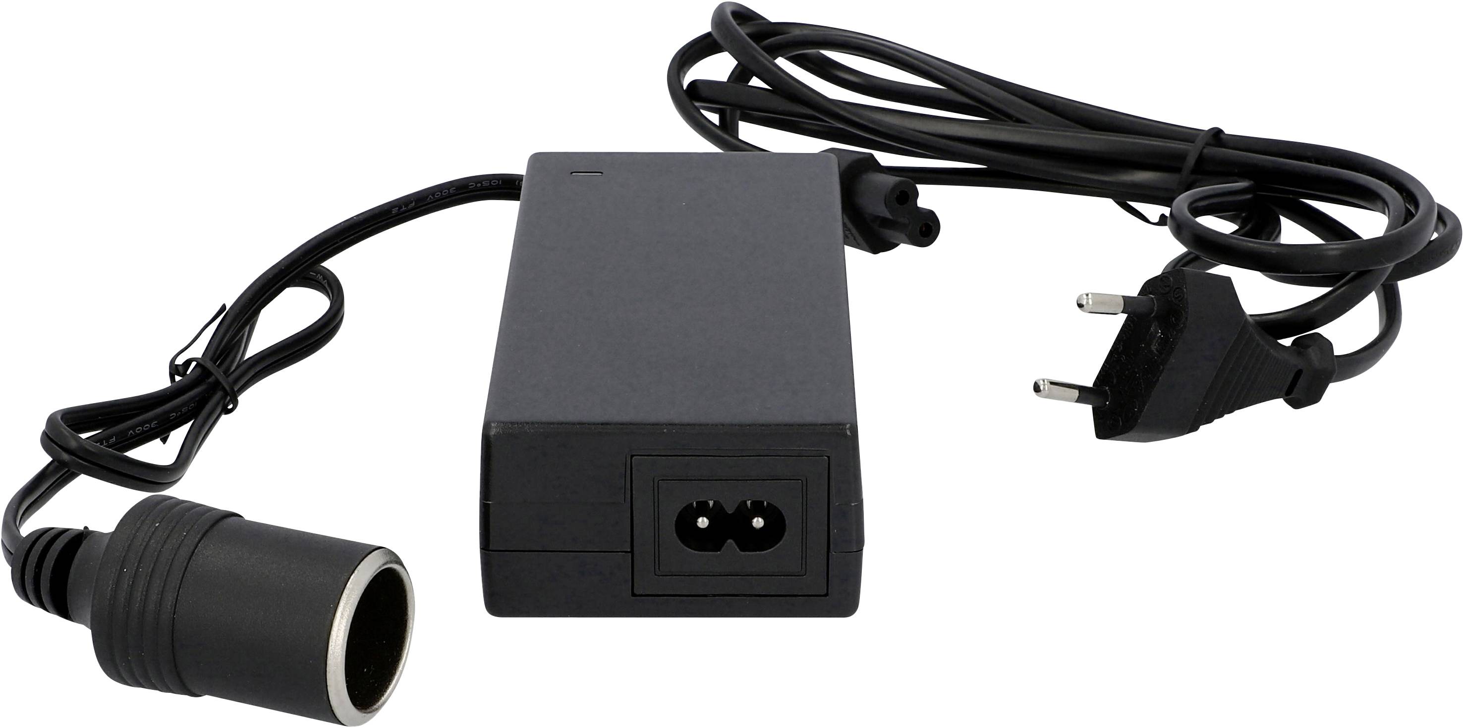 Ein schwarzes Netzteil mit Kabel und Stecker, geeignet für den Anschluss an eine Steckdose. Im Hintergrund weiteres lose Kabel.