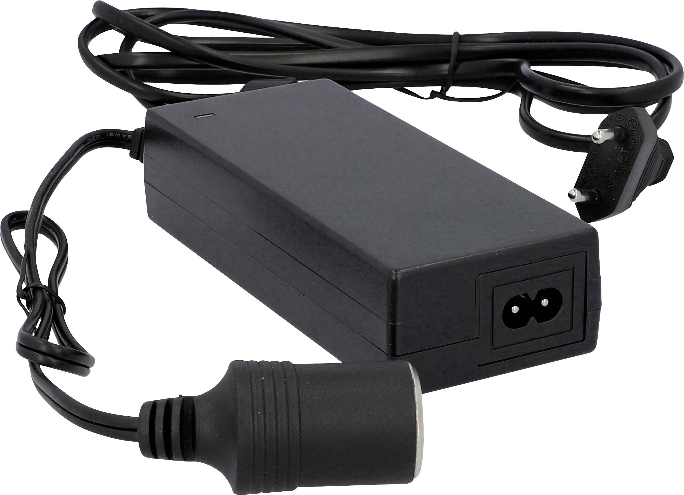 Schwarzes Netzteil mit Netzstecker und Kabel. Es hat eine rechteckige Form und eine Buchse auf der Seite.