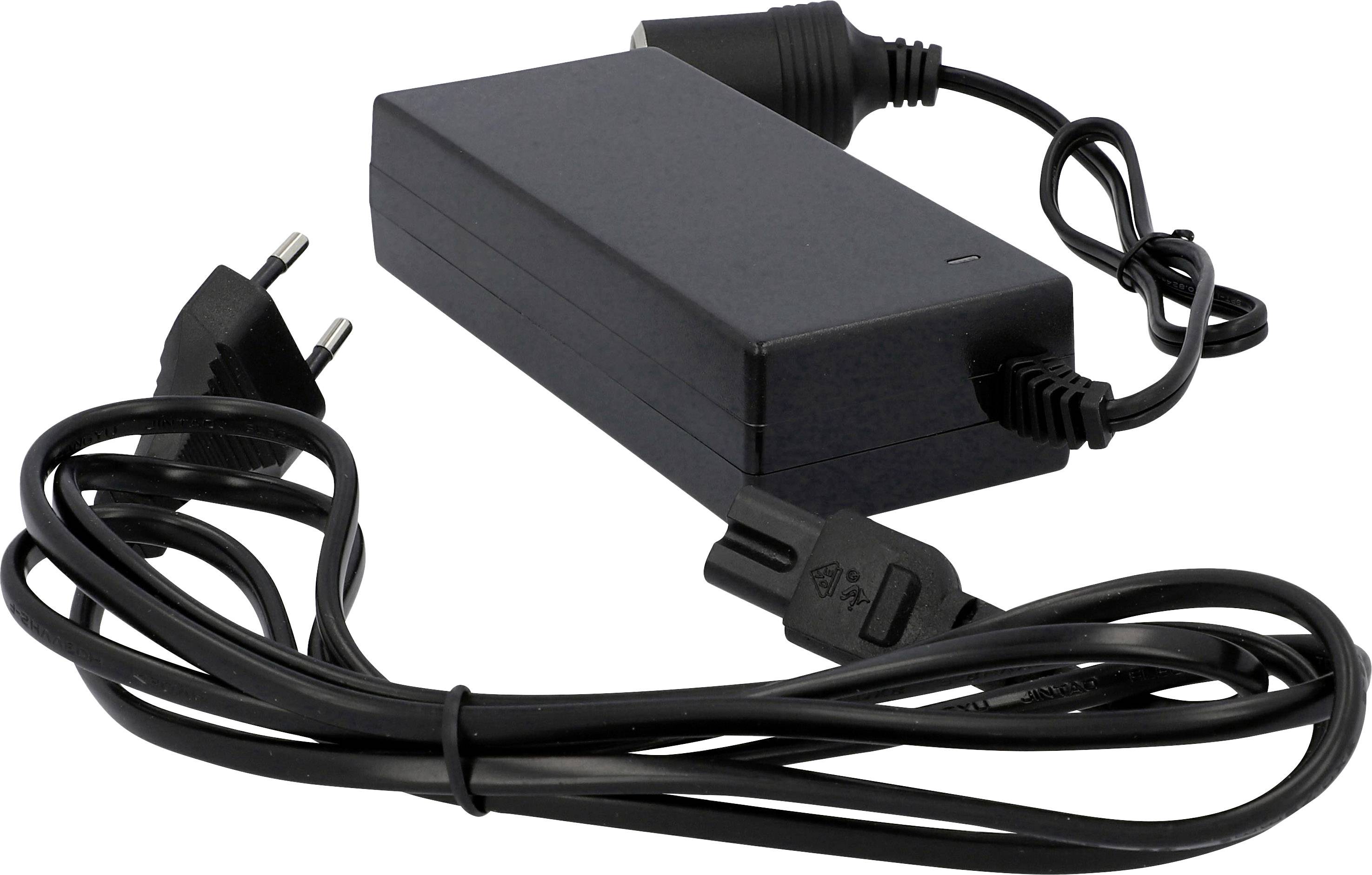 Ein schwarzes Netzteil mit EU-Stecker und Kabel. Es ist für elektronische Geräte vorgesehen. Das Kabel ist lang und gewickelt.