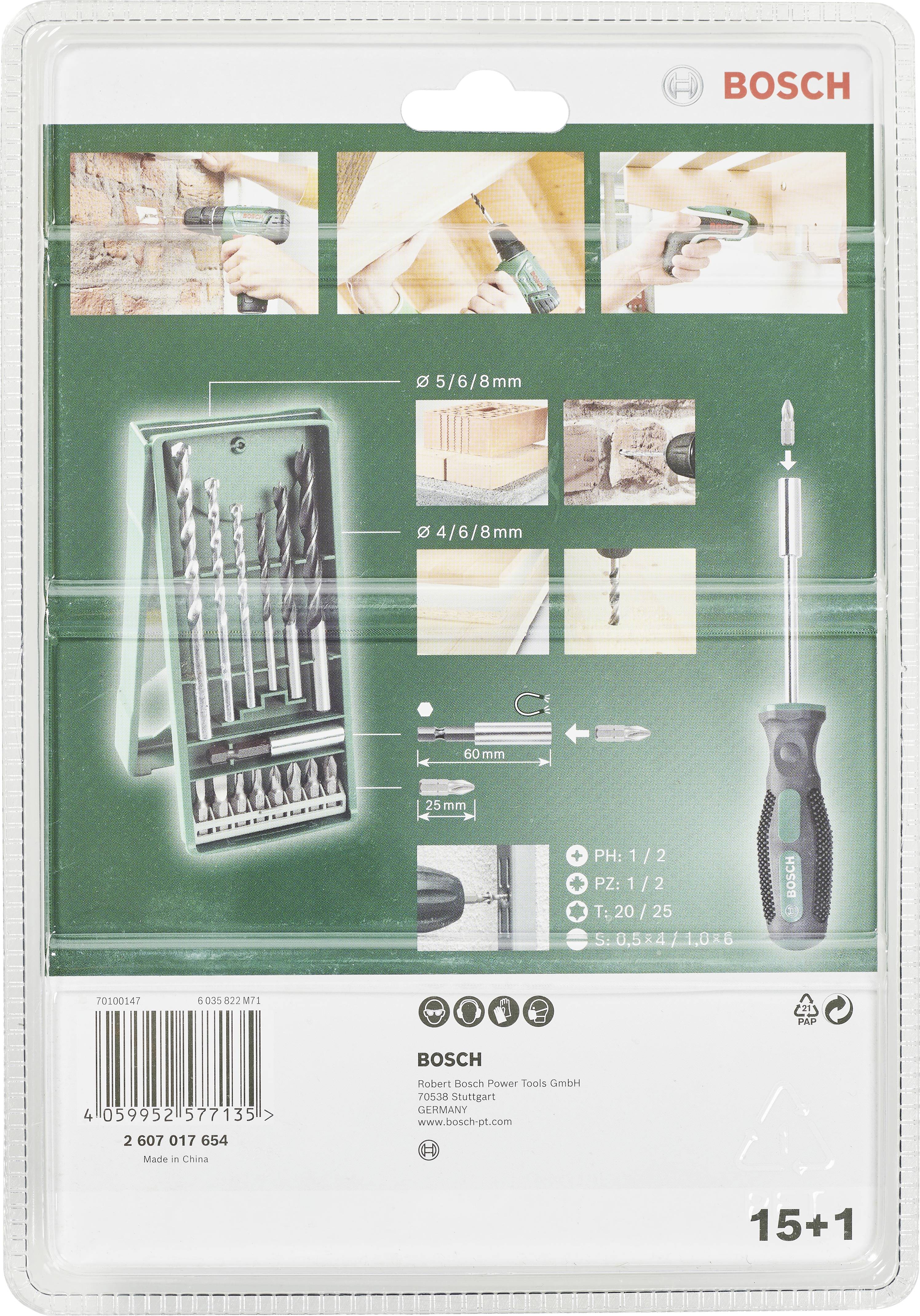 Bosch-Bohrerset-Verpackung mit Bildern der Anwendung an Ziegelwand, Werkbank. Set enthält verschiedene Bohrergrößen und Schraubendreher.
