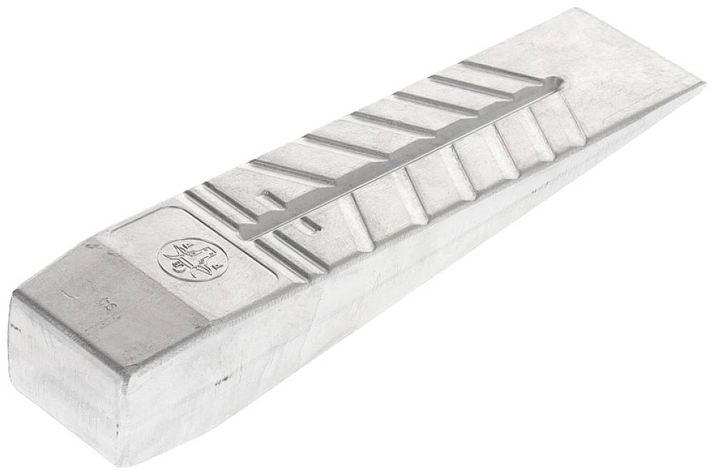 Ein metallener Keil mit geriffelter Oberfläche und einem Symbol. Wird vermutlich genutzt, um Objekte zu fixieren oder zu spalten.