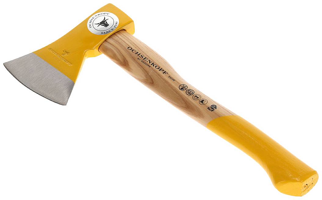 Gelbes Beil mit Holzgriff, Markenname 'Ochsenkopf' auf der Seite.