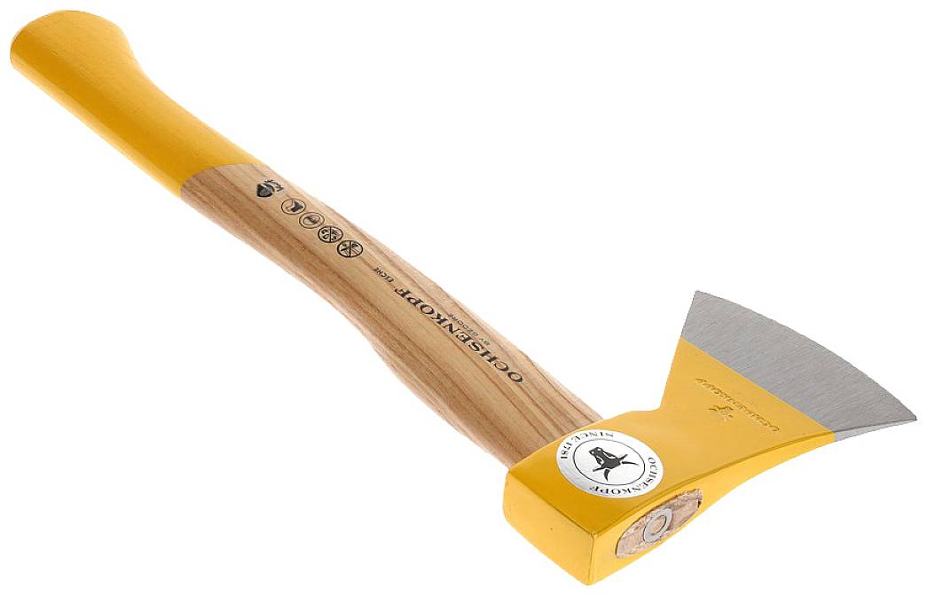 Eine helle Axt mit gelbem Kopf und Holzgriff, geeignet zum Spalten von Holz. Das Markenlogo ist auf dem Kopf sichtbar.