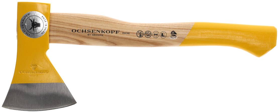 Axt mit gelbem Griff und silberner Klinge, Markenname 'Ochsenkopf' auf Holzgriff. Geeignet für Holzarbeiten.