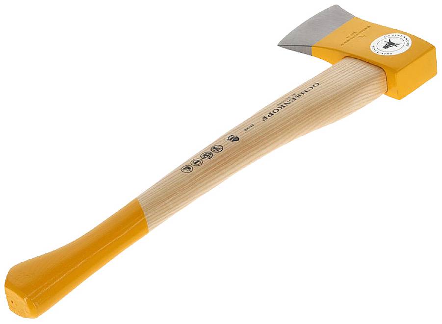 Holzaxt mit orangefarbenem Kopf und Holzgriff, ideal zum Hacken von Brennholz.