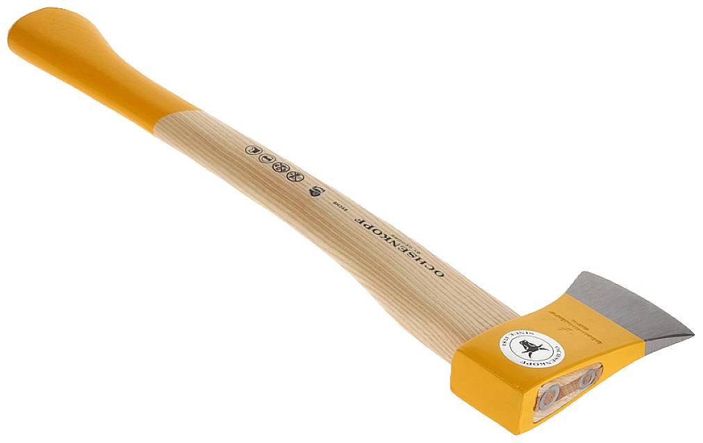 Ein Spaltaxt mit einem orangen Griff und einer scharfen Klinge, geeignet zum Spalten von Holz.