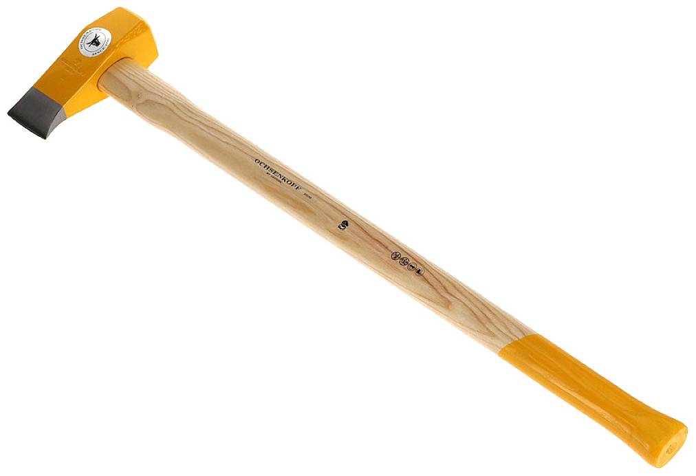 Ein Spalthammer mit gelbem Kopf und Holzgriff zum Spalten von Holz.