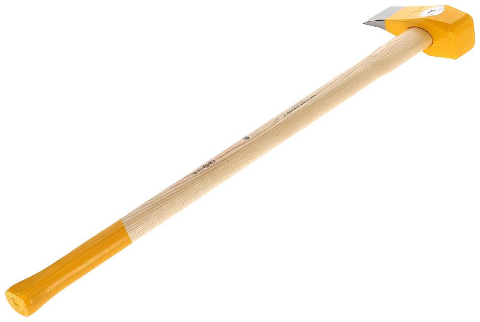 Ein Holzspalthammer mit hellem Stiel und orangefarbenem Kopf, geeignet für die Holzbearbeitung oder Gartenarbeit.