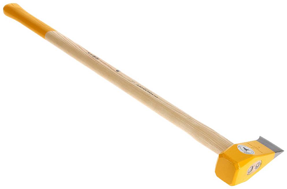 Ein Spalthammer mit einem schweren Metallschlagkopf und einem langen, hölzernen Griff, ideal zum Spalten von Holzstämmen.