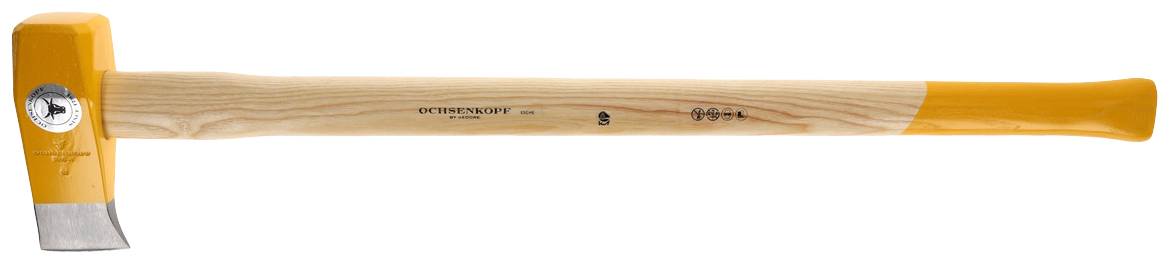 Holzspalt-Axt mit Holzstiel und gelbem Schutzüberzug am Stielende.