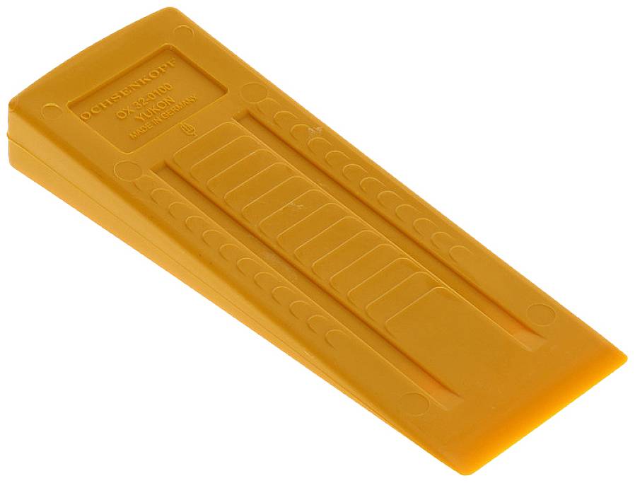 Oranges Plastikwerkzeug mit abgerundeten Ecken und Rillen, möglicherweise ein Hilfsmittel zum Positionieren oder Abstützen.