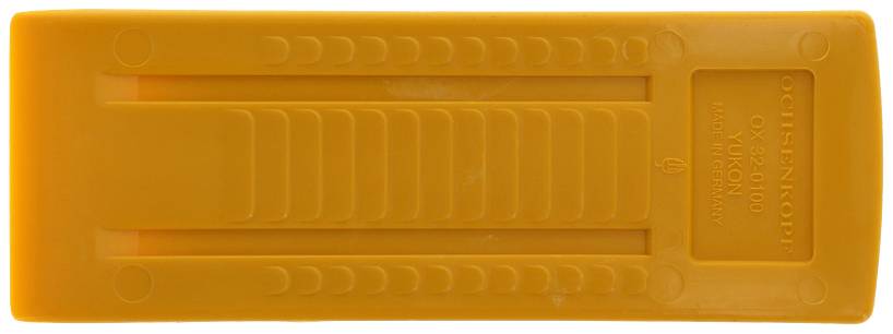 Ein orangefarbener, rechteckiger Schaber mit gerippter Oberfläche, geeignet für Bau- oder Reinigungsanwendungen.