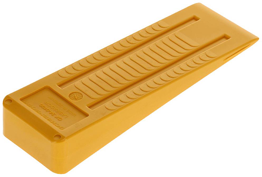 Ein orangefarbener Kunststoffkeil mit rutschfesten Rillen, verwendet als Türhalter oder zur Stabilisierung von Gegenständen.