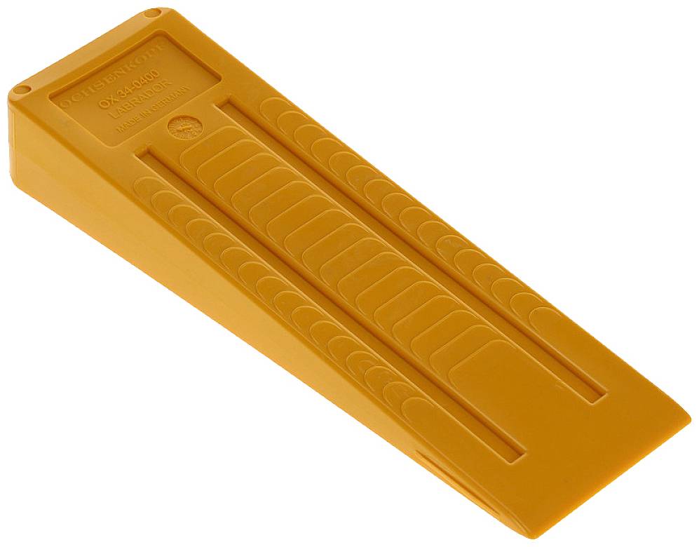 Ein orangefarbener Keil, vermutlich ein Türstopper, mit geriffelter Oberfläche und leicht geneigtem Design.