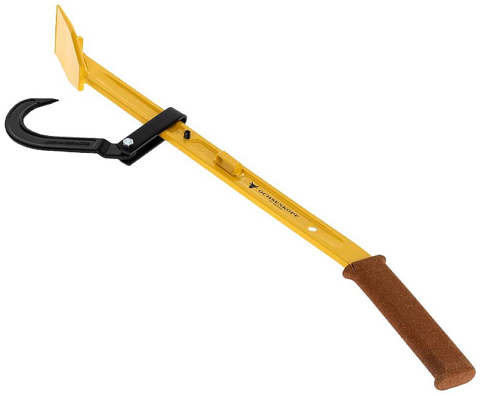 Ein gelbes, T-förmiges Handwerkzeug mit Haken und Haltegriff, verwendet zum Heben und Bewegen von Baumstämmen, von der Marke KRETZER.