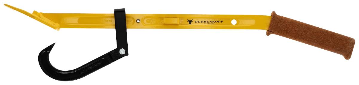 Ein gelber Forsthebel mit Griff und schwarzem Haken. Gerät zum Heben und Bewegen von Holzstämmen in der Forstwirtschaft.