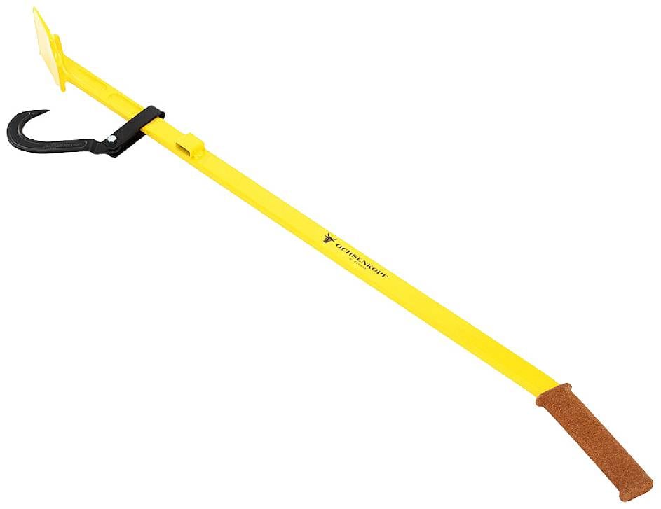 Gelbes Multifunktionswerkzeug mit Haken und Griff. Verwendet für verschiedene Hebe- und Zugaufgaben.