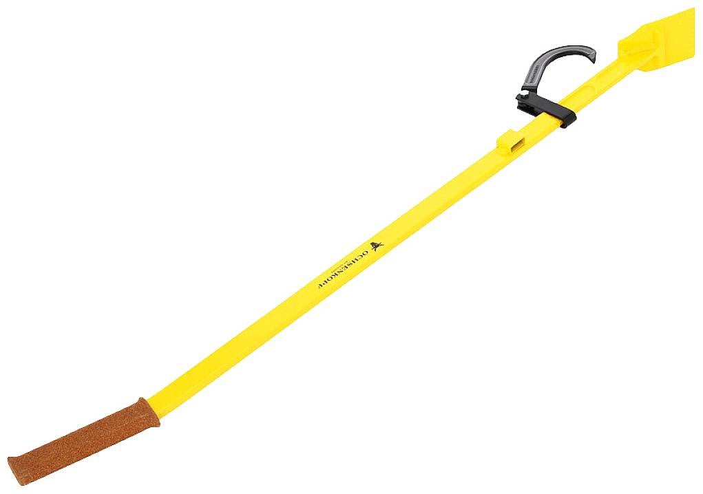 Gelbes, langes Werkzeug mit einem rutschfesten Griff an einem Ende und einem Metallhaken am anderen. Wird zum Greifen oder Halten verwendet.