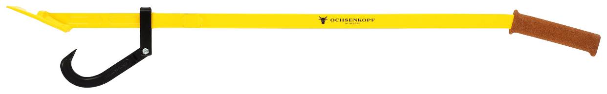 Gelber, langer Forsthebel mit Griff und Haken zum Bewegen oder Heben von Baumstämmen oder schweren Gegenständen in der Forstwirtschaft.