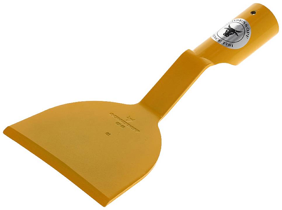 Ein orangefarbener Schaber mit ergonomischem Griff und einem runden Logo-Aufkleber. Hauptsächlich zum Entfernen von Belägen geeignet.