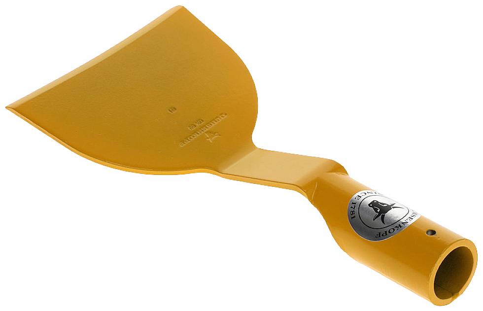 Gelber Schneeschieber aus Kunststoff mit kurzem Griff und rundem Abschluss.