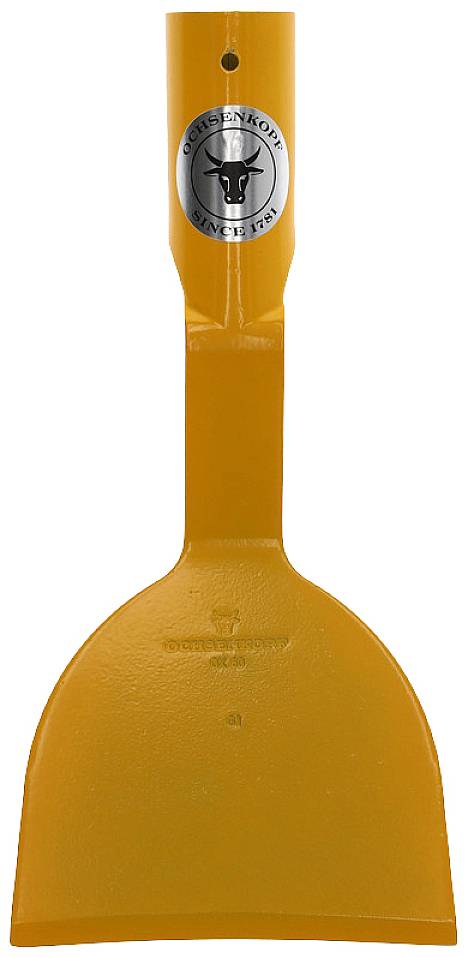 Ein orangefarbener Spachtel mit geradem Griff und rundem Schaft, verziert mit einem silbernen Logo mit stilisiertem Tierkopf.