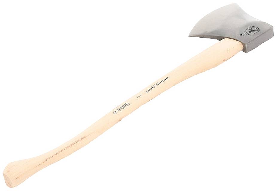 Holzspaltaxt mit langem Holzgriff und silbernem Metallaxtkopf, geeignet zum Hacken von Holzscheiten.