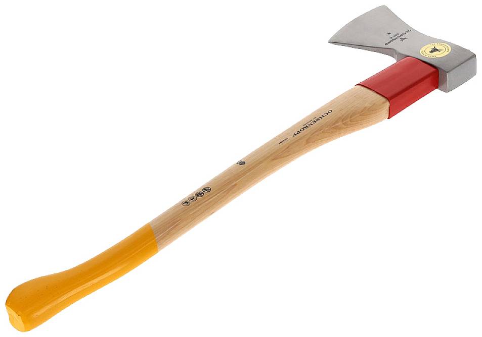 Holzaxt mit Holzstiel und gelbem Griffende, geeignet zum Spalten von Brennholz. Kopf aus Metall mit rotem Sockel.