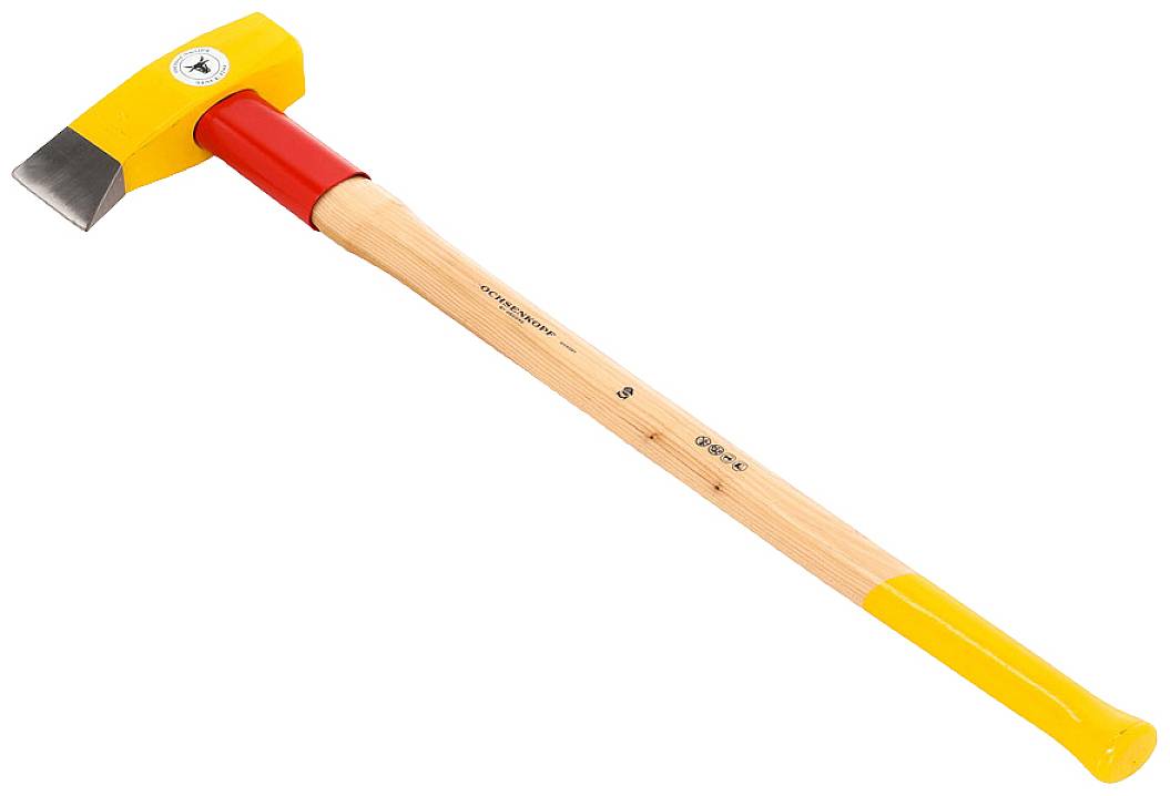 Ein Feuerwehrbeil mit rotem Stiel und gelbem Kopf.