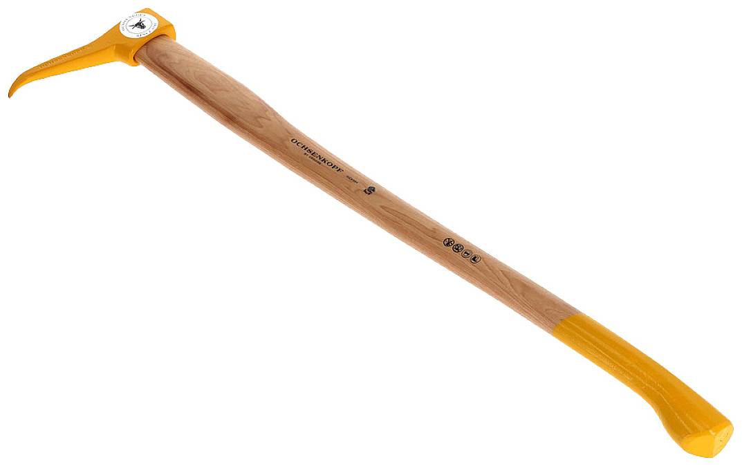 Ein Forstwerkzeug mit gebogenem Holzgriff und orangefarbener Spitze, verwendet zum Bewegen und Positionieren von Holzstämmen.