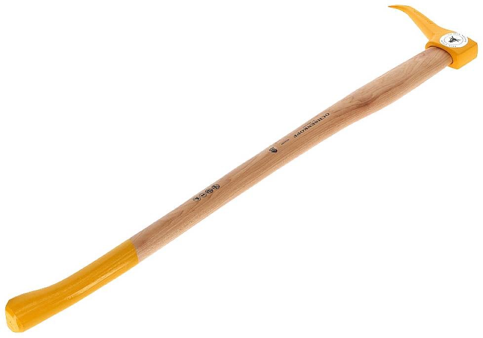 Ein Holzstiel mit einem gelben Knopfgriff und einer Metallspitze, vermutlich ein Werkzeug wie ein Pickel, für Bau- oder Gartenarbeiten.