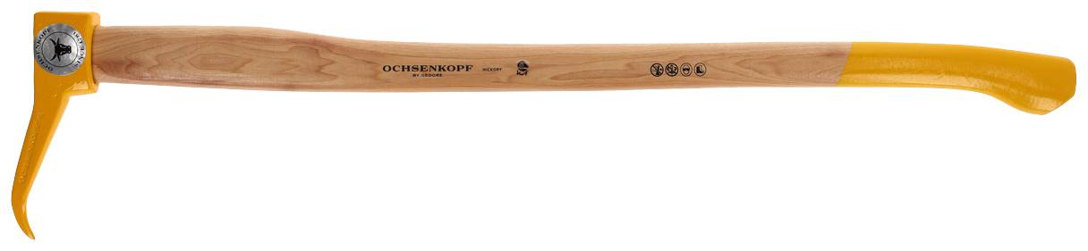 Holzgriff-Werkzeug mit metallischer Spitze auf der linken Seite und gebogenem Ende, das in einem gelben Farbstoff getaucht ist.