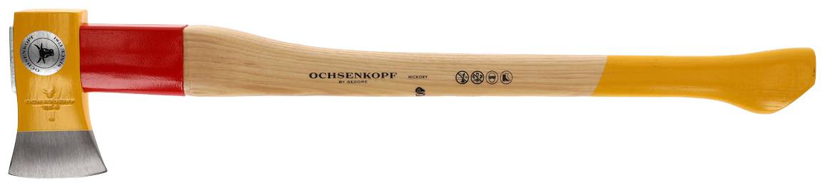 Eine Axt mit rotem Kopf und gelbem Griff von 'Ochsenkopf'. Der Griff ist aus Holz mit Sicherheitskennzeichnungen.