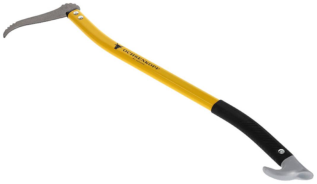 Ein gelbes Forstwerkzeug mit gebogenem Griff und Haken, verwendet zur Holzmanipulation in der Forstwirtschaft.