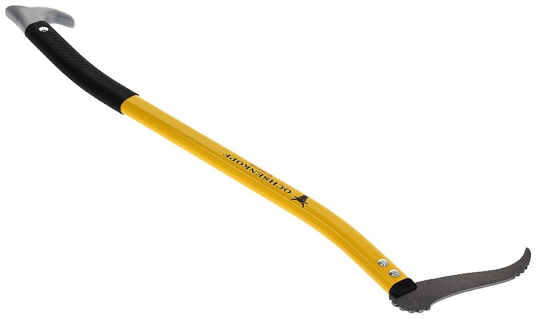 Ein gelber Sapling mit schwarzem Griff und Haken aus Metall. Wird zum Bewegen oder Anfassen von Holzstämmen verwendet.