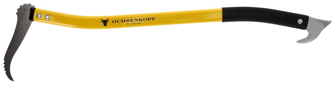Gelber Forstwerkzeug-Greifhaken mit schwarzem Griff, zum Heben und Bewegen von Holzstämmen. Markierung: 'Ochsenkopf'.