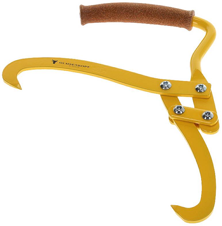 Ein gelber Sappie mit gebogenem Griff und Haken für Forstarbeiten, der zum Ziehen und Wenden von Holzstämmen verwendet wird.