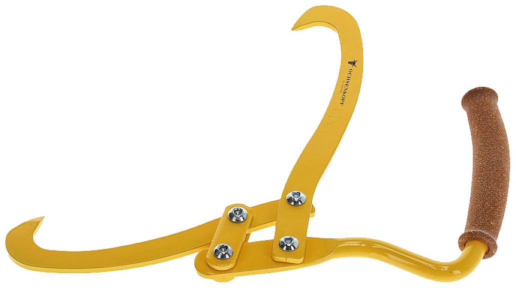 Ein gelber Holzgreifer mit ergonomischem Griff und zwei Haken, verwendet zum Tragen schwerer Holzbalken oder Baumstämme.