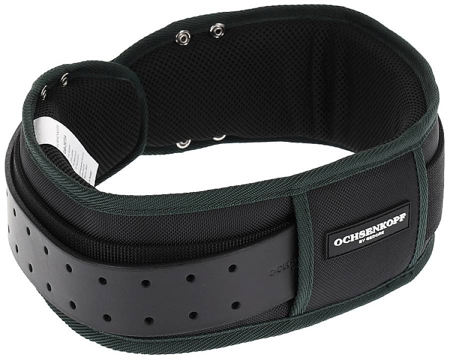Schwarzer Holzfällergürtel mit Markenlogo 'Ochsenkopf', robustes Design; bietet Rückenschutz bei schweren Hebe- oder Waldarbeiten.