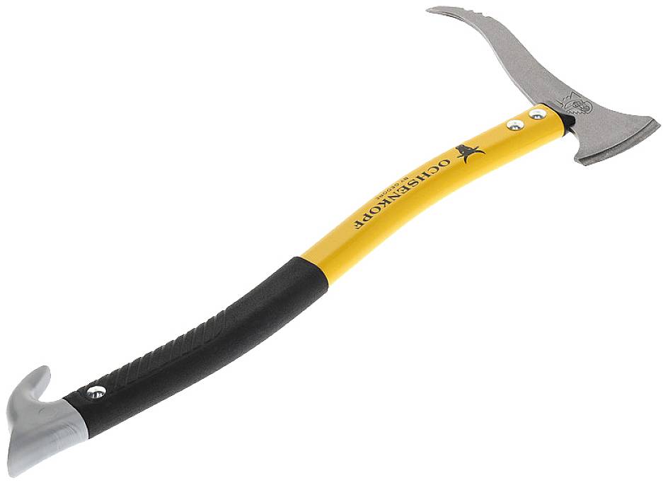 Ein gelber und schwarzer Eispickel mit einem spitzen Ende und einem gebogenen Schaft, geeignet für Bergsteigen und Klettertouren.